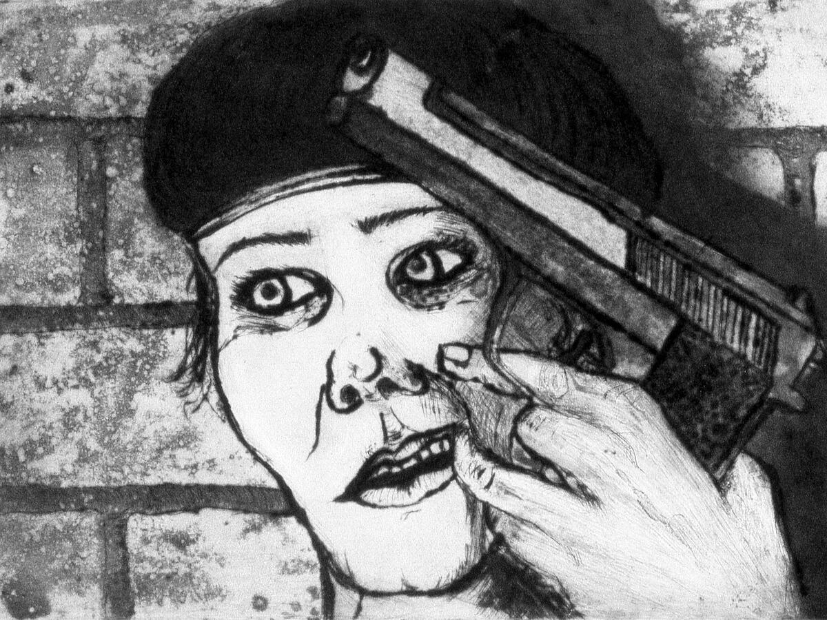 Picking meat out of teeth with gun in hand