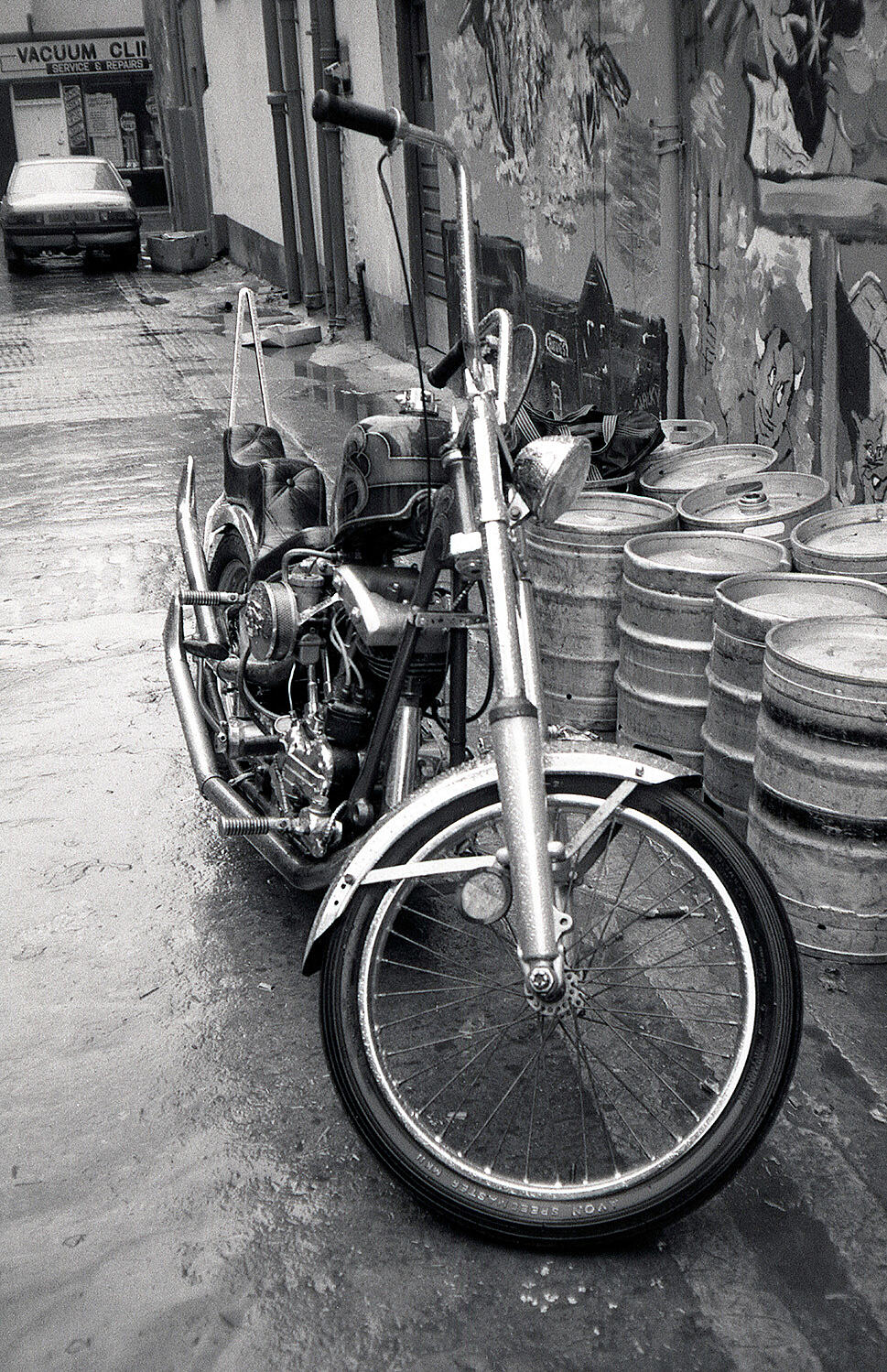 Road Tramps Harley in Buddies Lane | B&W photograph - 1990