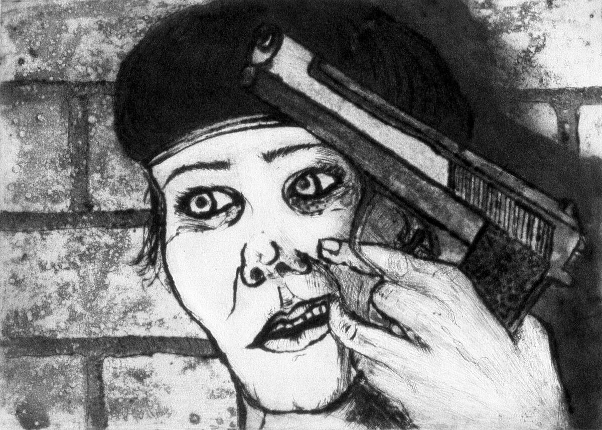 Picking meat out of teeth with gun in hand | Drypoint - 1990