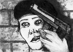 Picking meat out of teeth with gun in hand | Drypoint - 1990